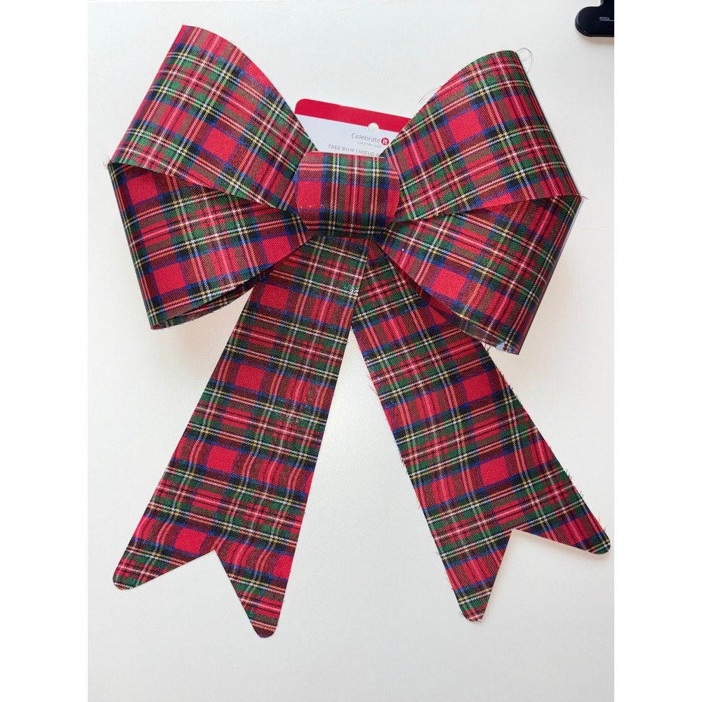 XL Red Plaid Christmas Tree Bow Tartan Holiday Decor Wreath Attachment